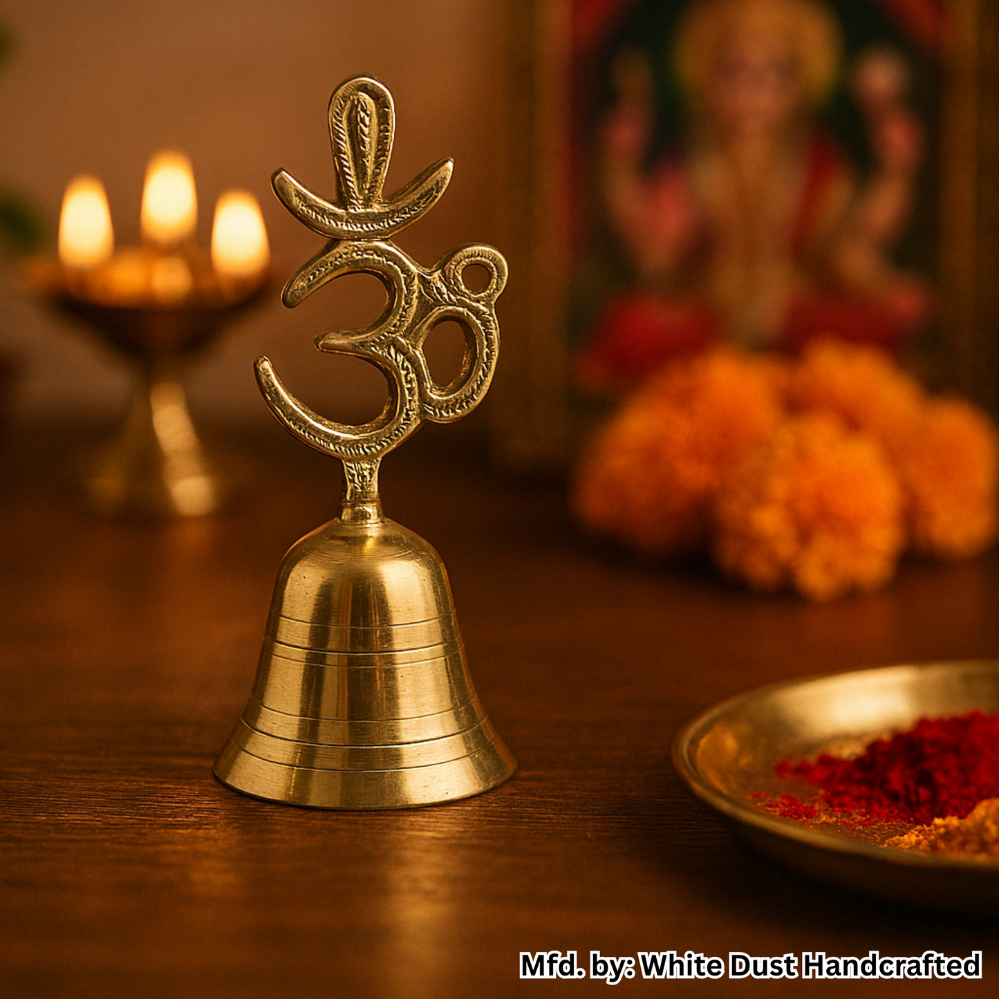 White Dust Handcrafted Brass Pooja Bell – OM Symbol for Divine Vibes