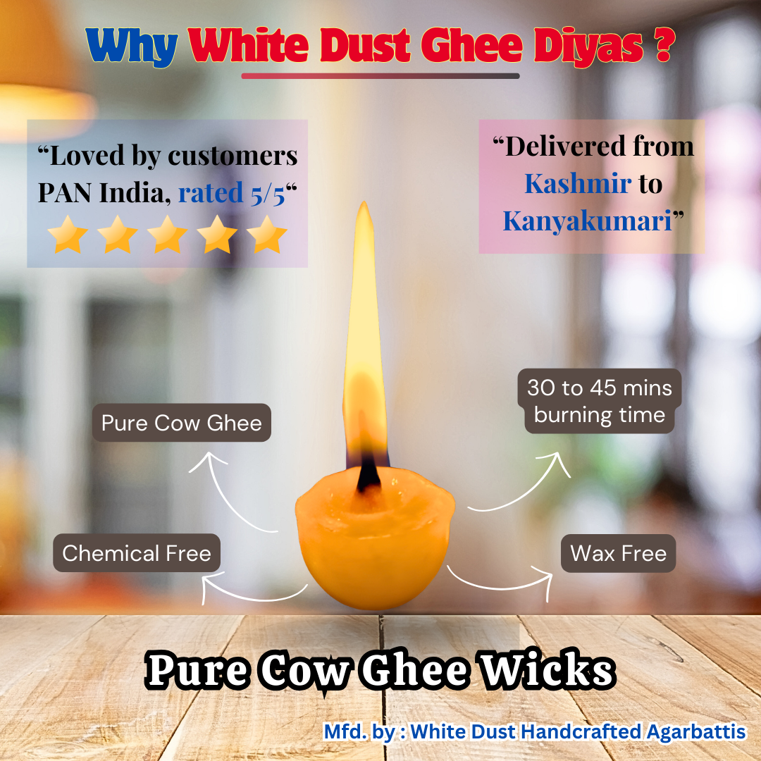 White Dust Handcrafted Pure Cow Ghee Diya Battis 200pcsBox || Ghee Wicks for Puja || Made with Pure Desi Cow Ghee