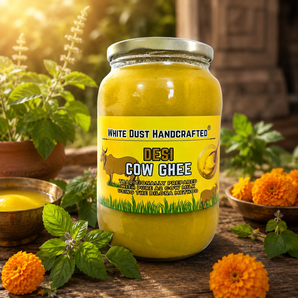 Shuddh Desi Cow Ghee – Pure A2 Bilona Ghee, Danedar & Traditionally Handcrafted in Small Batches | शुद्ध देसी गाय का घी | White Dust Handcrafted