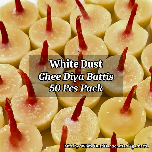 White Dust Handcrafted Pure Cow Ghee Diya Battis 50 pcs Box || Ghee Wicks for Puja || Made with Pure Desi Cow Ghee