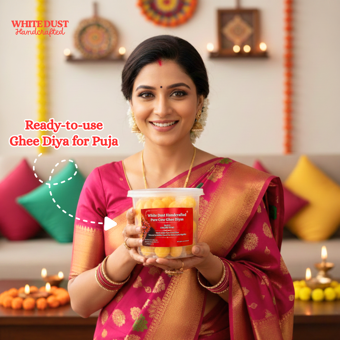 White Dust Handcrafted Pure Cow Ghee Diyas | Made with Desi Cow Ghee | No Wax, 100% Natural